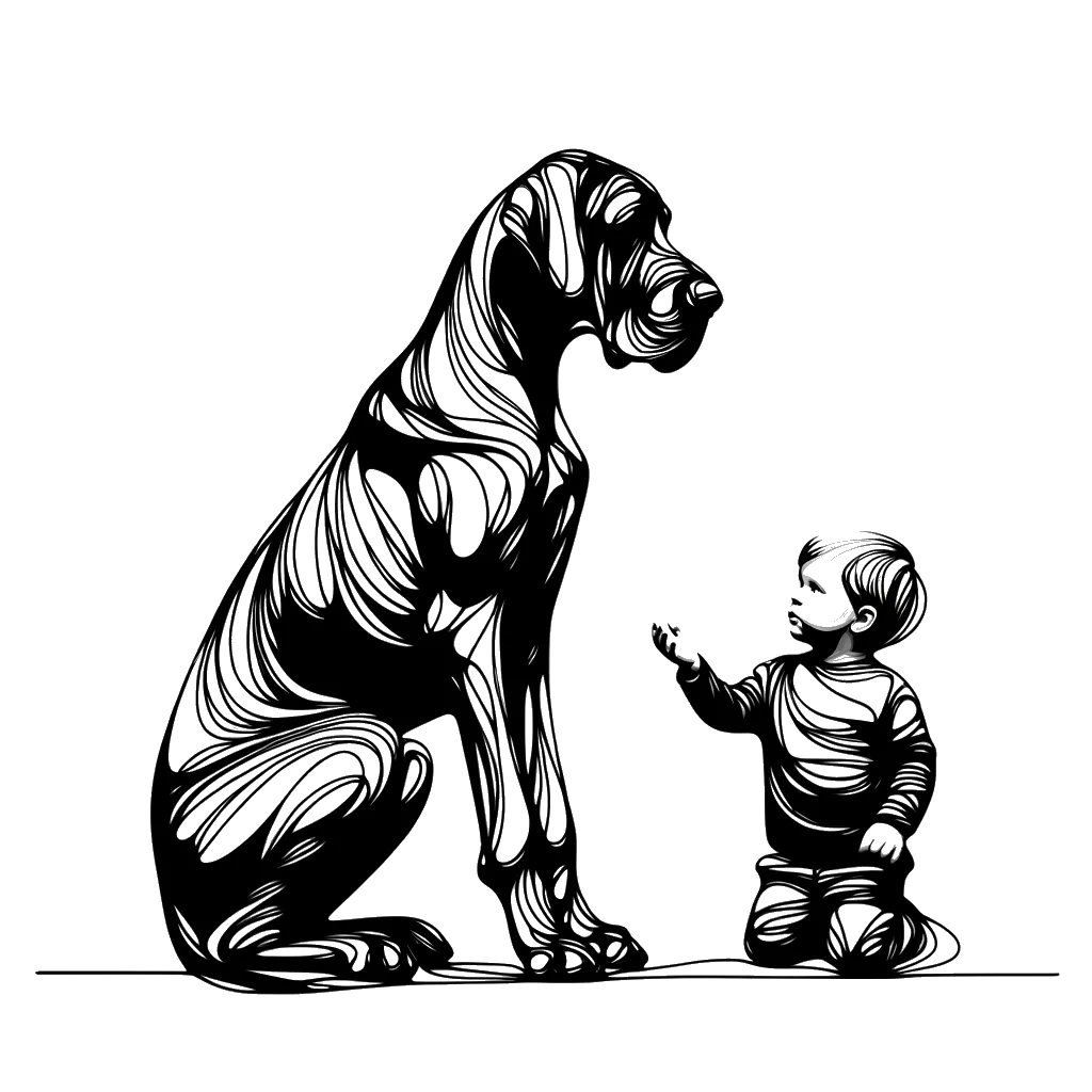 un dibujo de un perro gran danés con un niño pequeño representando el tema de Temperamento en blanco y negro.