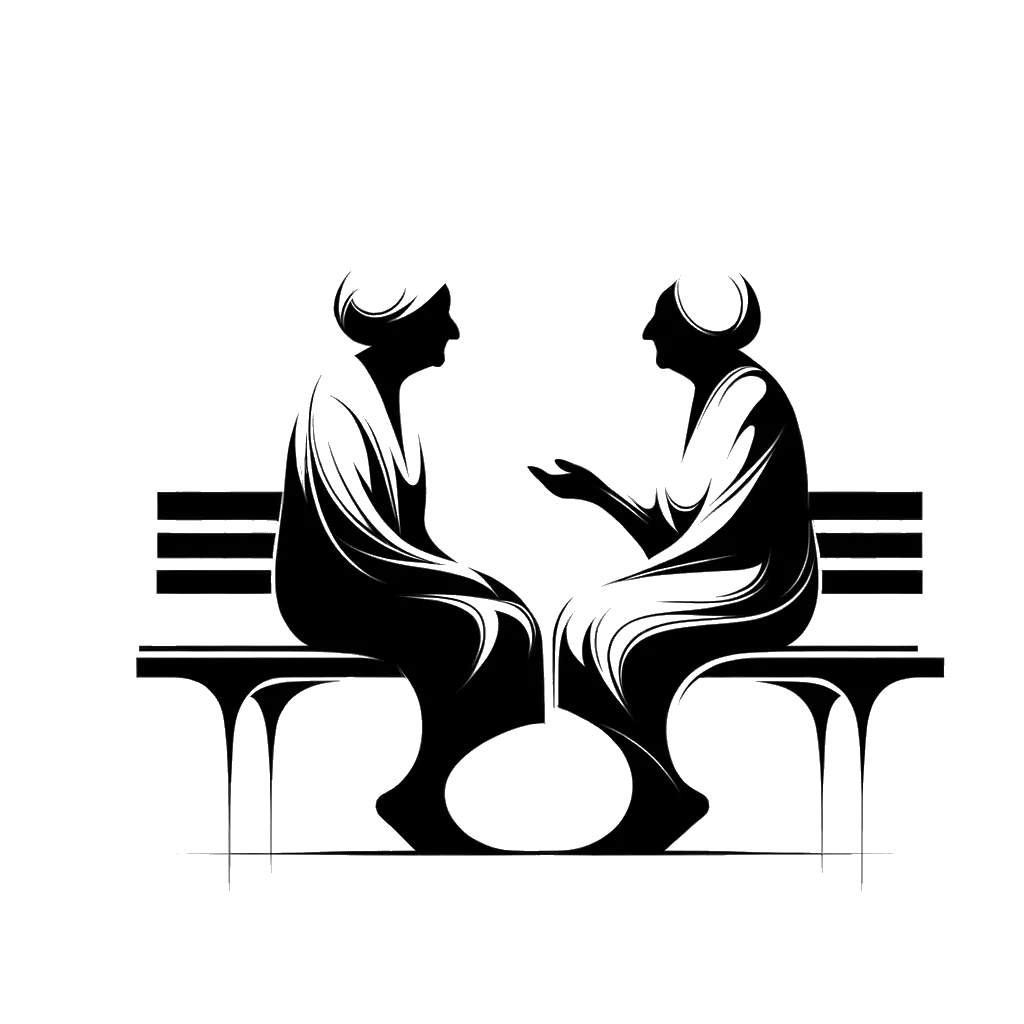 un dibujo de dos mujeres mayores hablando en un banco representando el tema de Tener Conversaciones en blanco y negro.