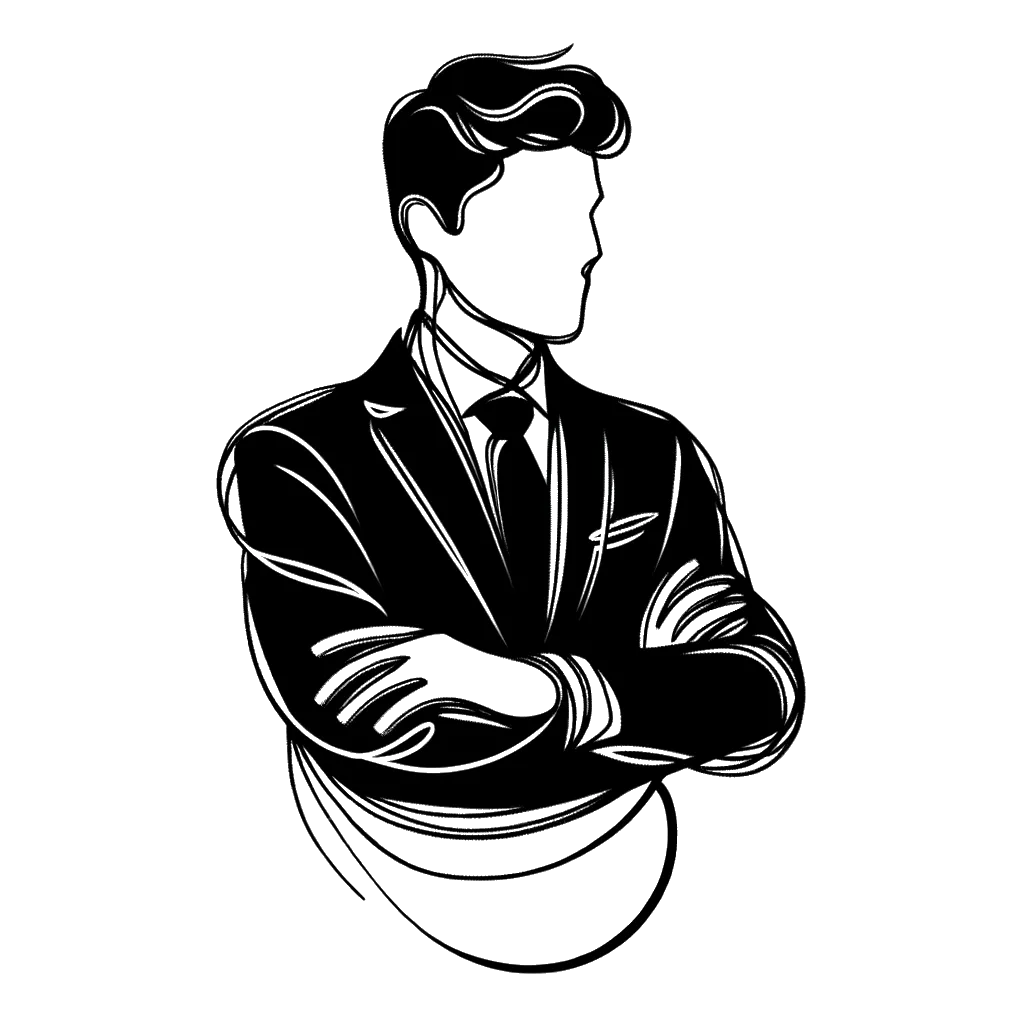 un dibujo de un hombre vestido con un traje se mantuvo de pie con los brazos cruzados representando el tema de Tener Paciencia en blanco y negro.