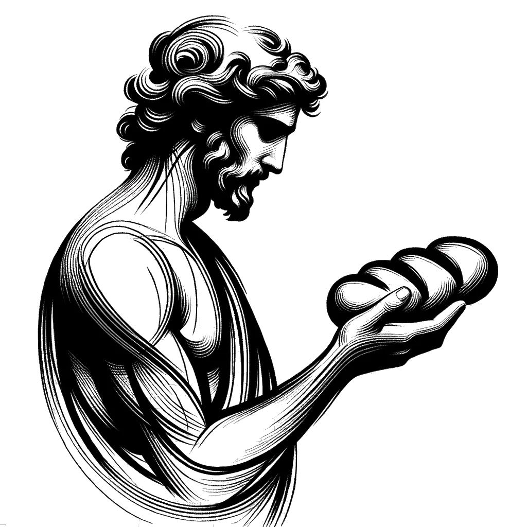 un dibujo de Jesús con un pan. representando el tema de Tentación en blanco y negro.