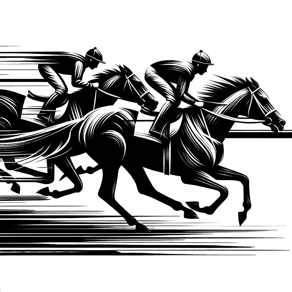 un dibujo de dos caballos de carrera cruzando la línea de meta representando el tema de Terminando en blanco y negro.