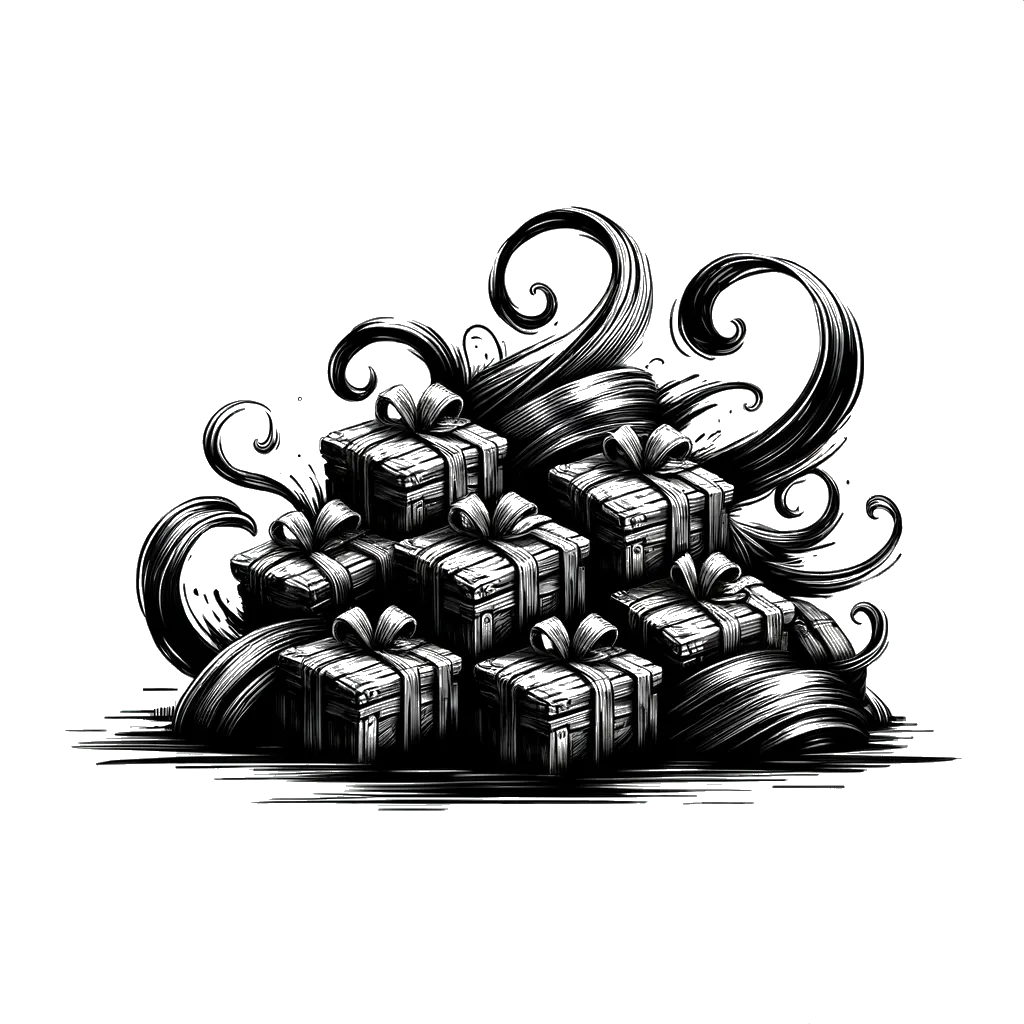 un dibujo de una pila de tesoro representando el tema de Tesoro en blanco y negro.