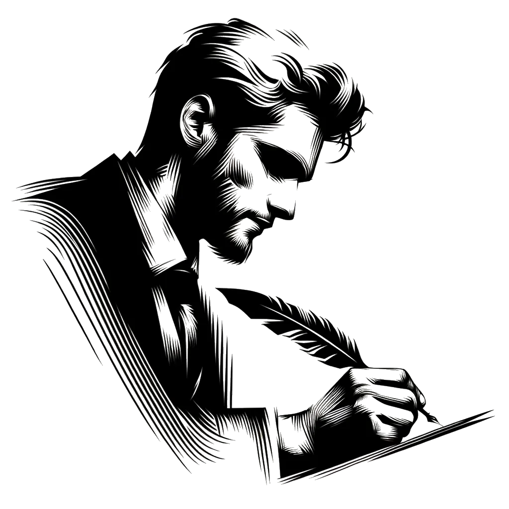 un dibujo de un hombre escribiendo con una pluma representando el tema de Testamento en blanco y negro.