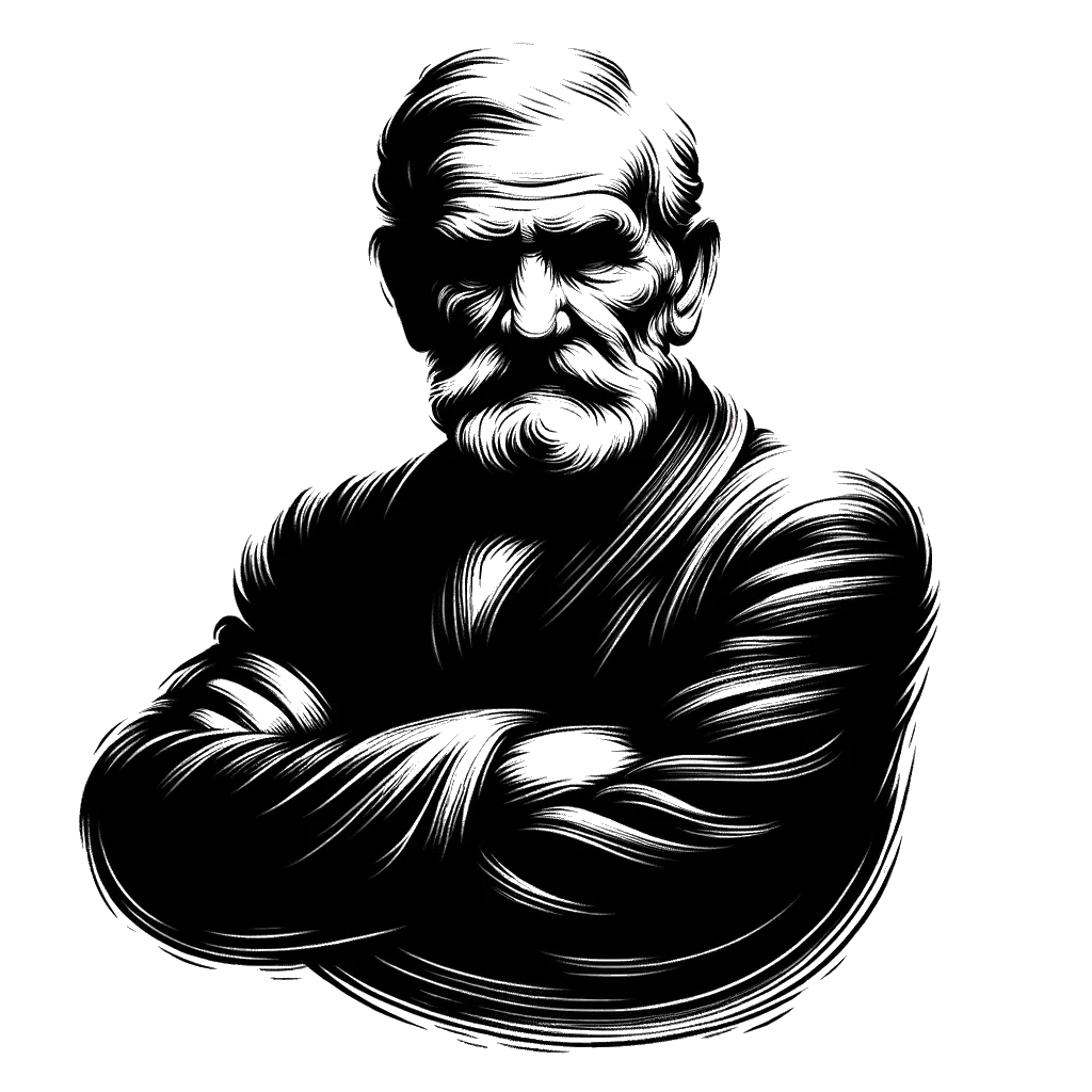 un dibujo de un anciano con los brazos cruzados mirando ligeramente malhumorado representando el tema de Testarudez en blanco y negro.