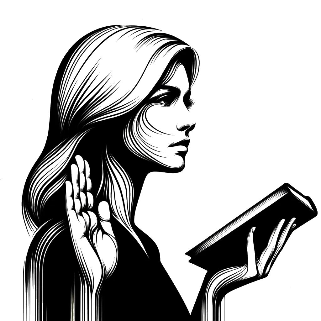 un dibujo de una mujer prestando juramento con una mano hacia adelante y la otra mano sobre un libro representando el tema de Testimonios en blanco y negro.