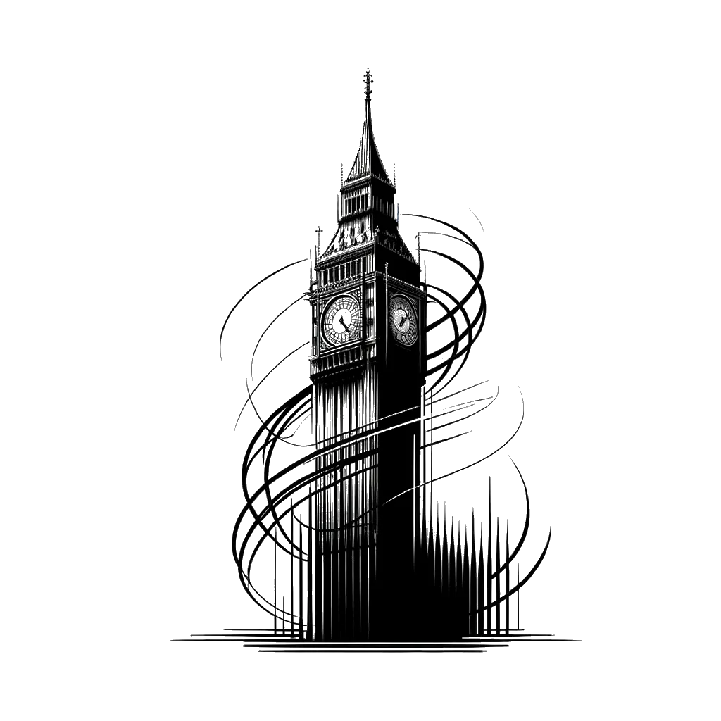 un dibujo de un gran reloj en Londres representando el tema de Tiempo en blanco y negro.