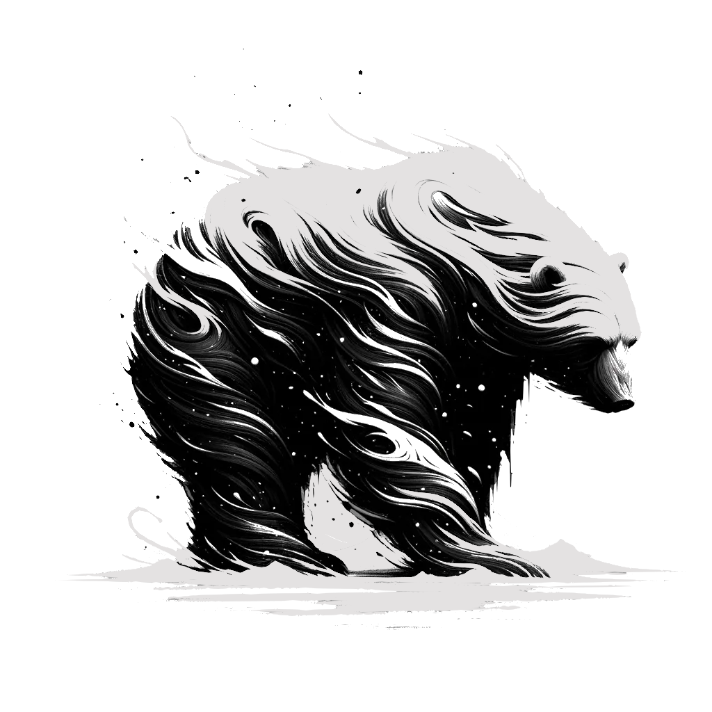 un dibujo de oso polar en la fría nieve y viento representando el tema de Tiempos Difíciles en blanco y negro.