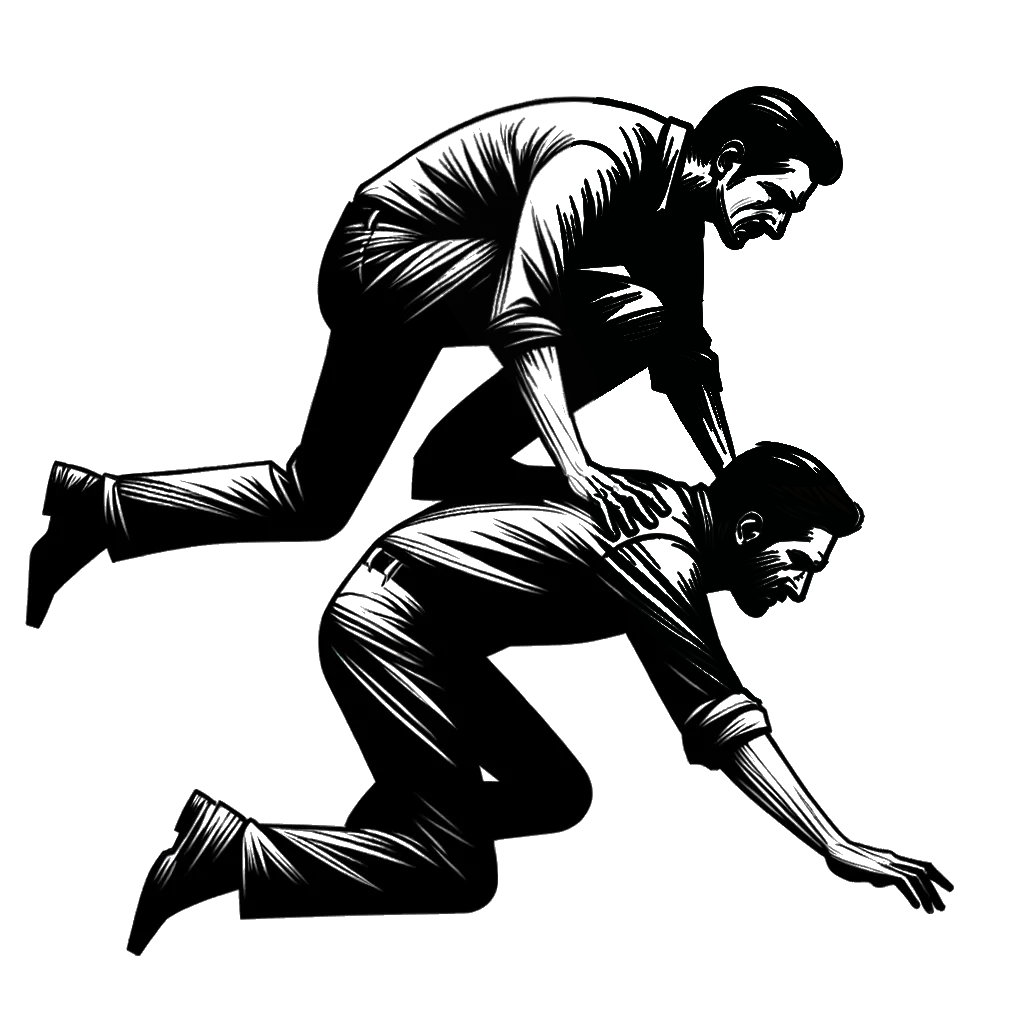 un dibujo de un hombre trepando sobre la espalda de otro hombre que parece molesto representando el tema de Tomar Ventaja en blanco y negro.