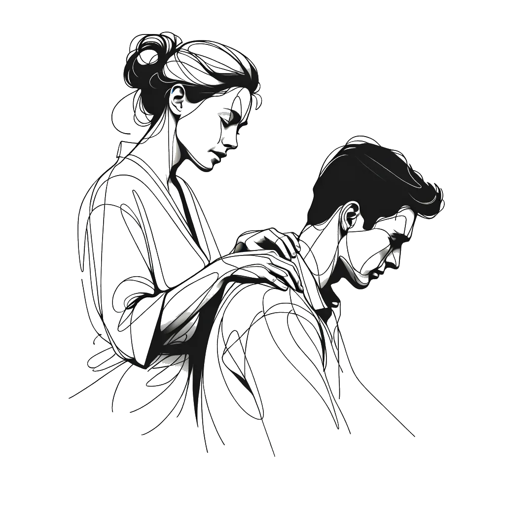un dibujo de una mujer dando un masaje de hombros a un hombre representando el tema de Toque en blanco y negro.