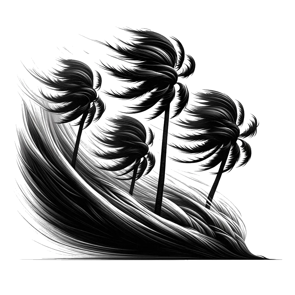 un dibujo de tres palmeras siendo fuertemente azotadas por una tormenta representando el tema de Tormentas en blanco y negro.