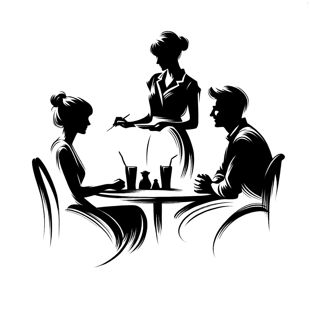 un dibujo de una camarera tomando el pedido de una pareja representando el tema de Trabajando con Gente en blanco y negro.
