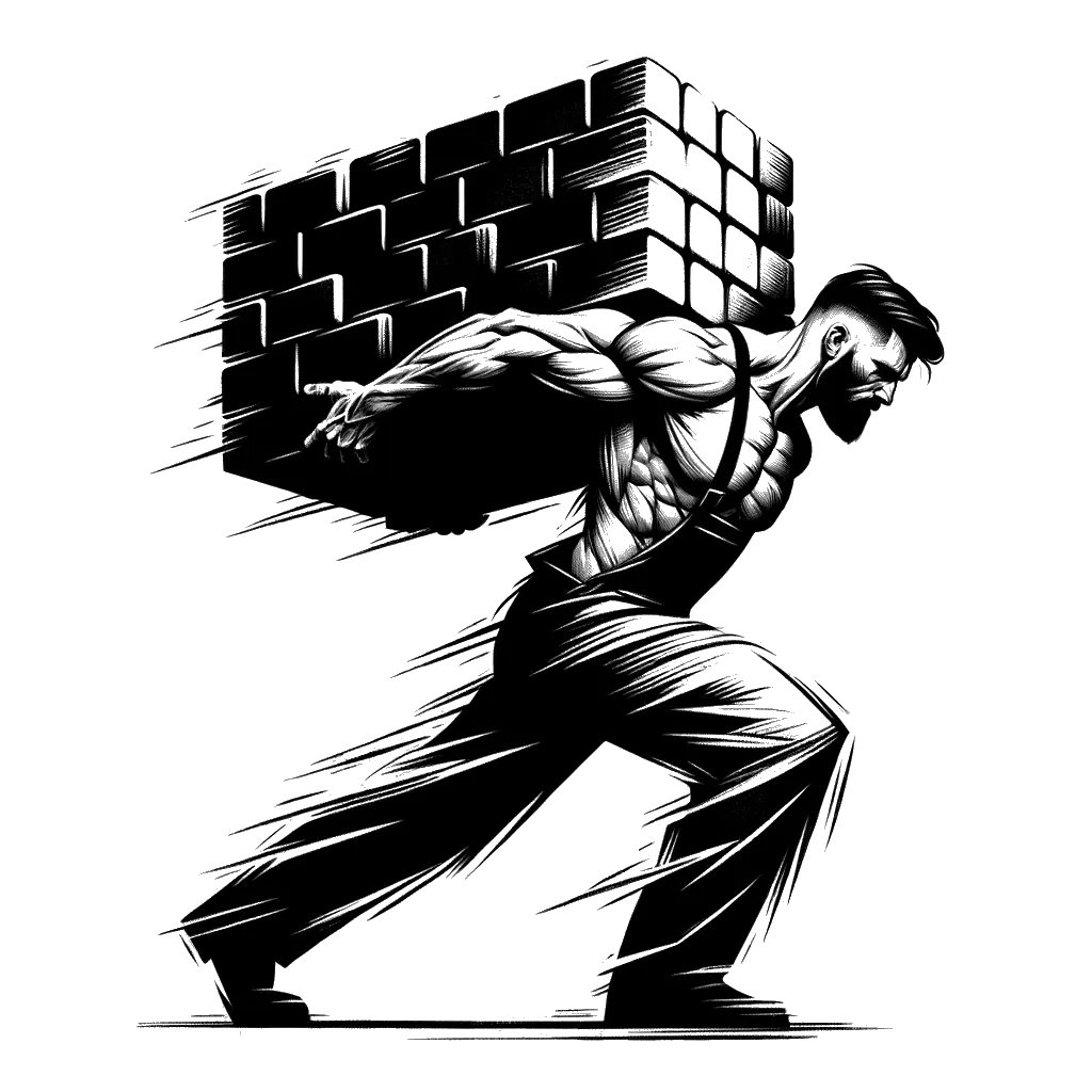 un dibujo de un albañil musculoso cargando una gran cantidad de ladrillos representando el tema de Trabajando Duro en blanco y negro.