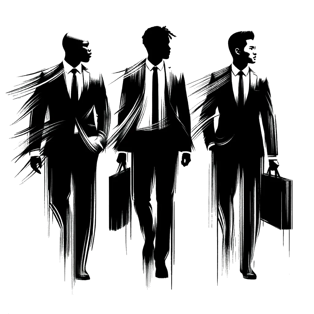 un dibujo de tres personas vestidas con trajes yendo a trabajar representando el tema de Trabajo en blanco y negro.