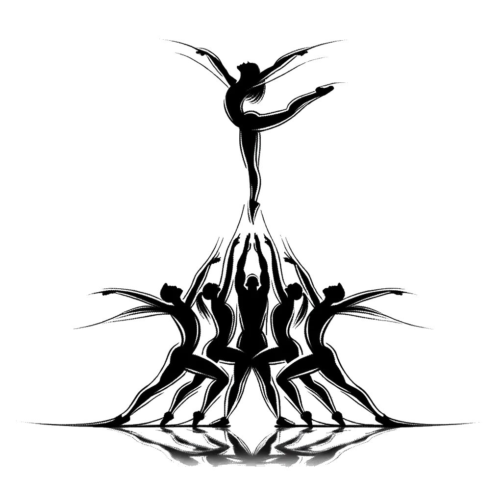 un dibujo de un grupo de porristas haciendo un levantamiento en grupo representando el tema de Trabajo en Equipo en blanco y negro.