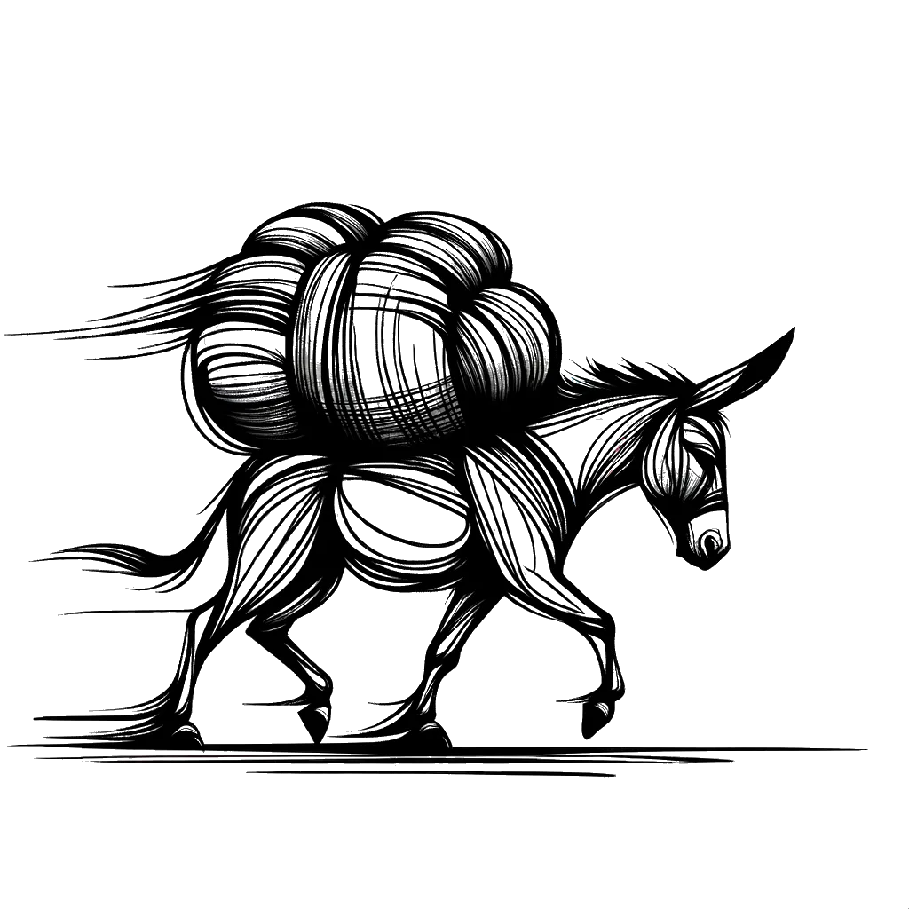 un dibujo de un burro con una pesada carga en su espalda representando el tema de Trabajo Excesivo en blanco y negro.