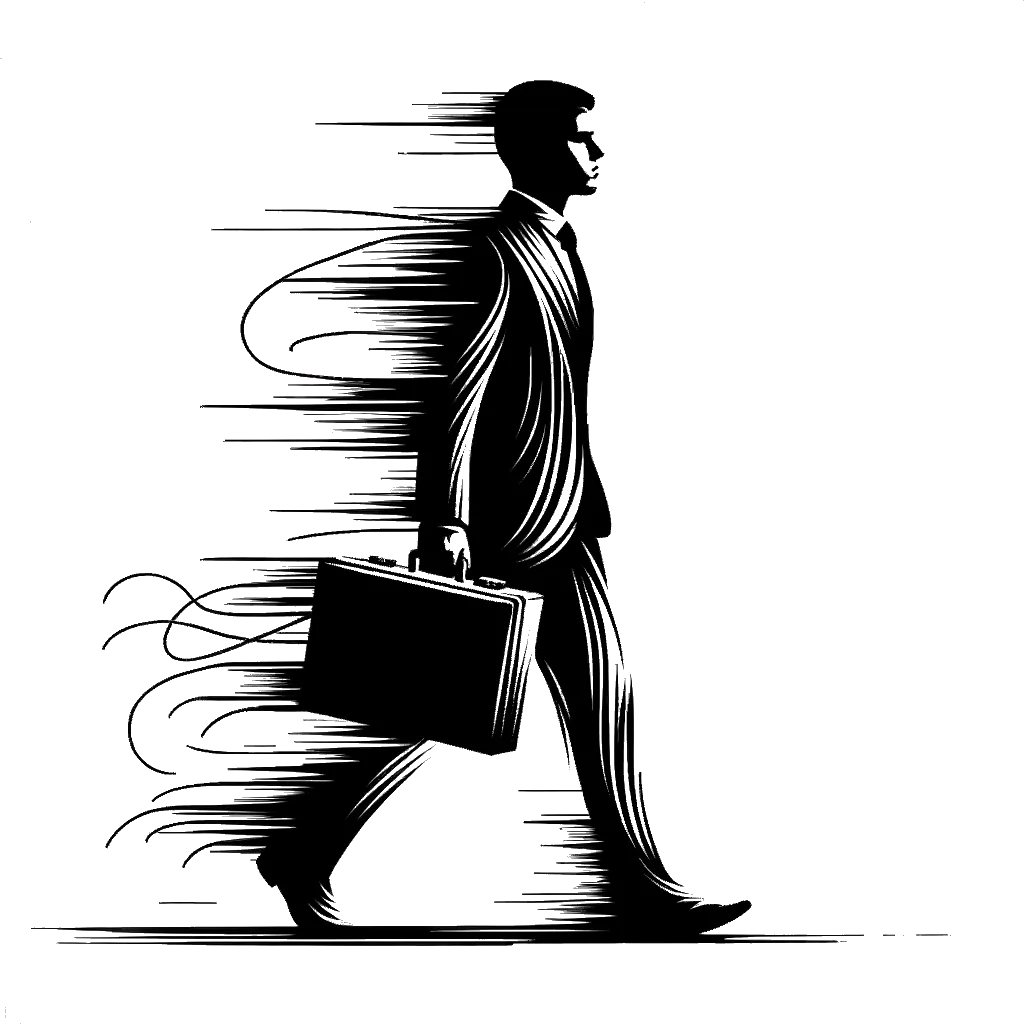 un dibujo de un joven con un maletín caminando representando el tema de Trabajo Nuevo en blanco y negro.