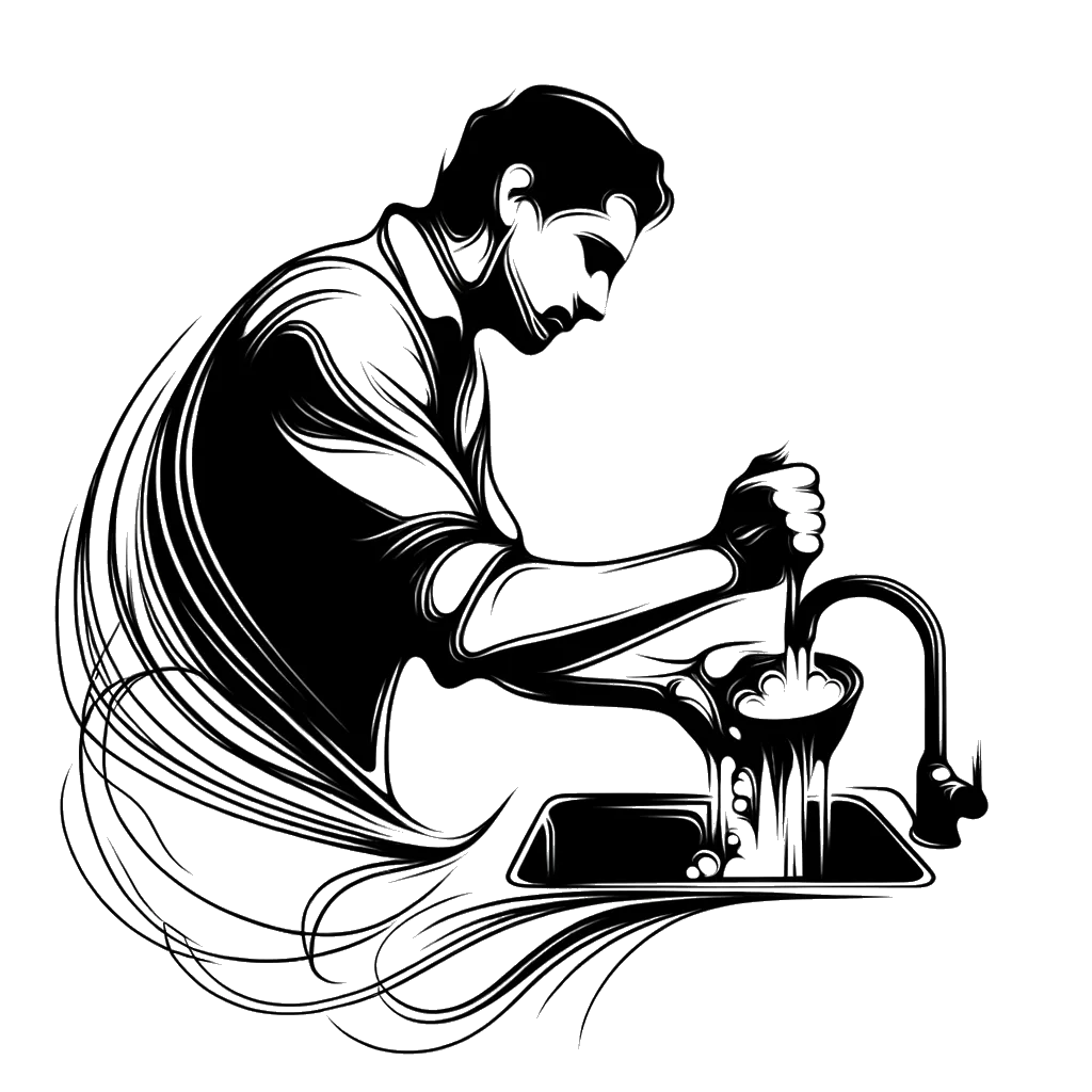 un dibujo de un hombre lavando los platos representando el tema de Trabajos en blanco y negro.
