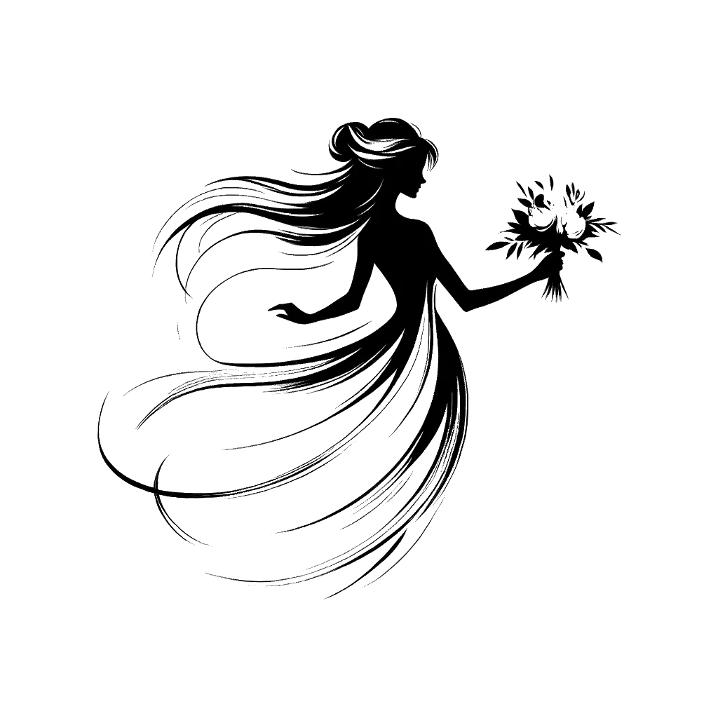 un dibujo de una novia lanzando su ramo desde atrás representando el tema de Tradiciones en blanco y negro.