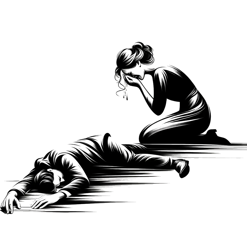 un dibujo de una mujer llorando con la mano en la frente mientras un hombre yace en el suelo boca abajo representando el tema de Tragedia en blanco y negro.