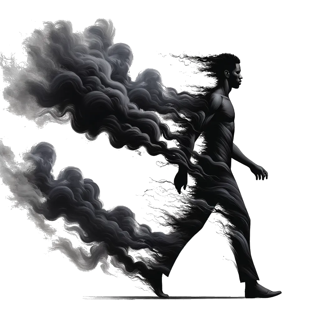 un dibujo de un hombre saliendo de la niebla representando el tema de Transición en blanco y negro.