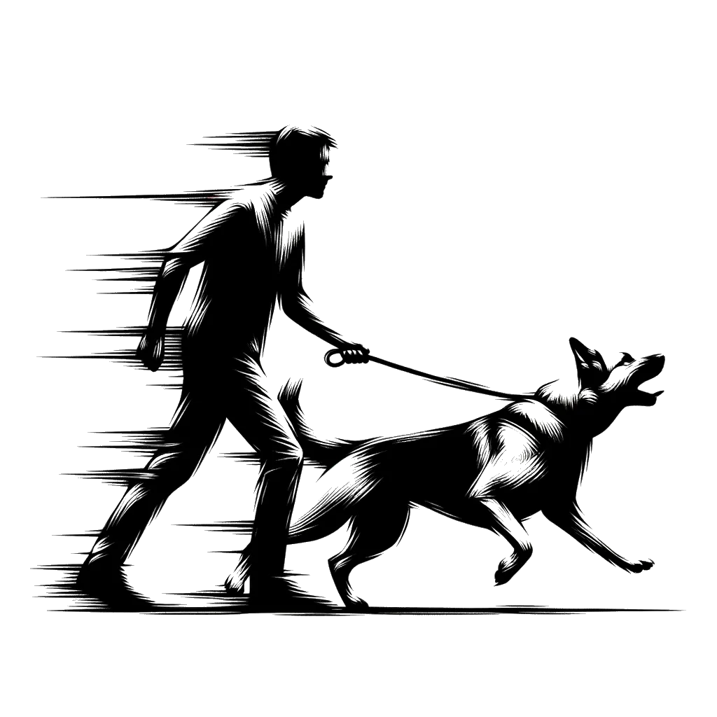 un dibujo de un hombre siendo ladrado por un perro guardián representando el tema de Traspasando en blanco y negro.