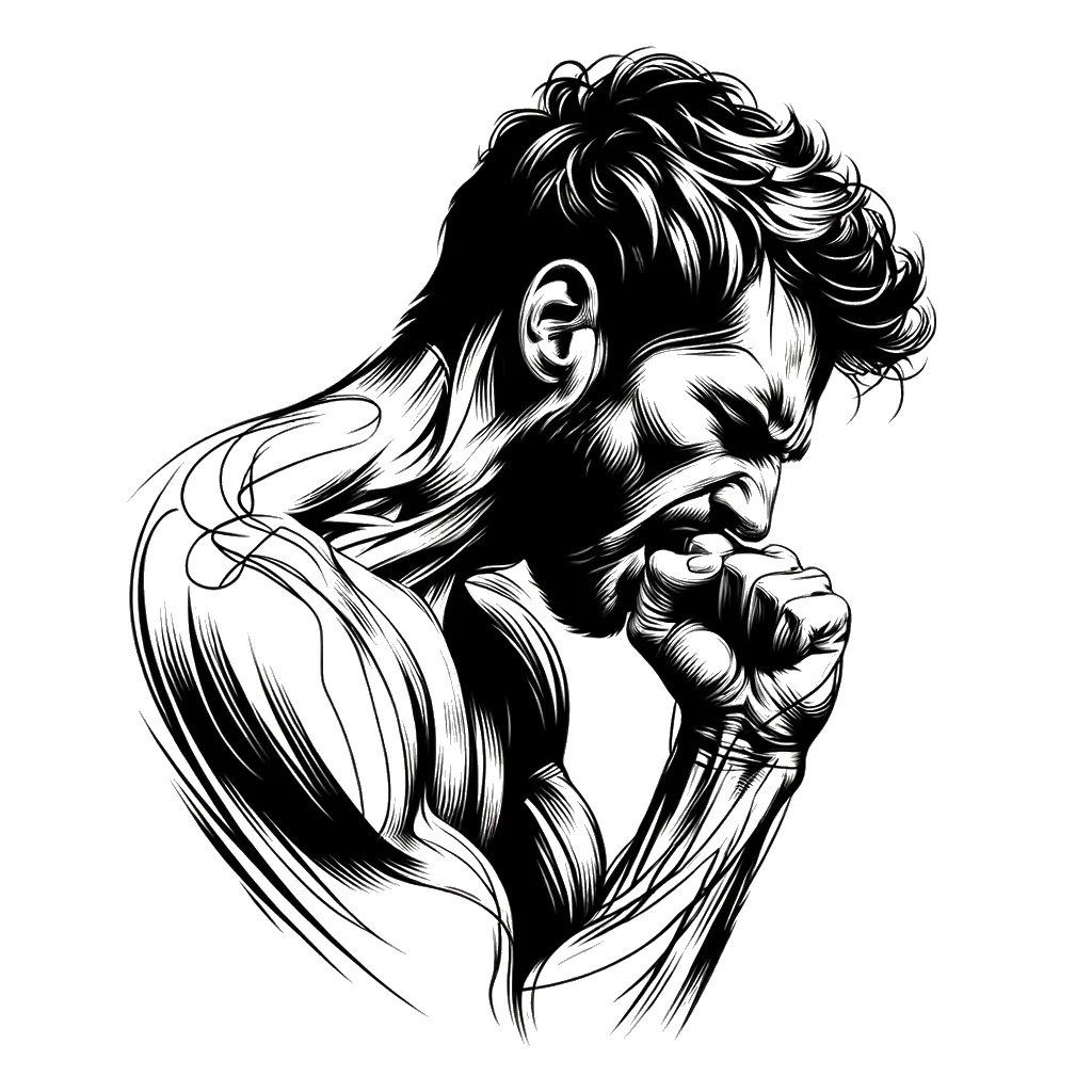 un dibujo de un hombre mordiéndose el puño en tribulación representando el tema de Tribulaciones en blanco y negro.