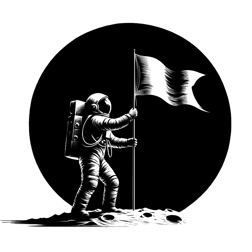 un dibujo de un astronauta colocando una bandera en la luna representando el tema de Triunfo en blanco y negro.