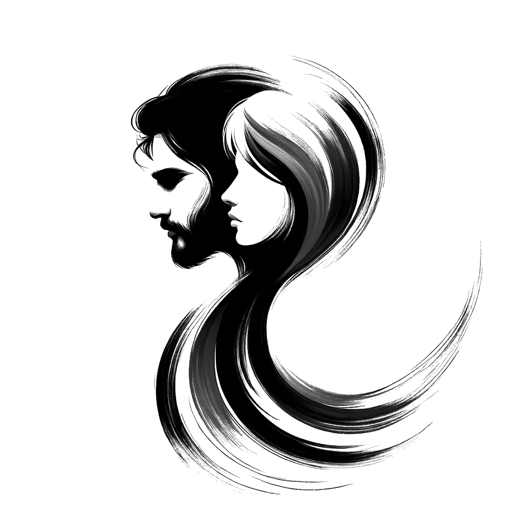 un dibujo de un hombre y una mujer fusionándose en uno solo representando el tema de Unidad en blanco y negro.