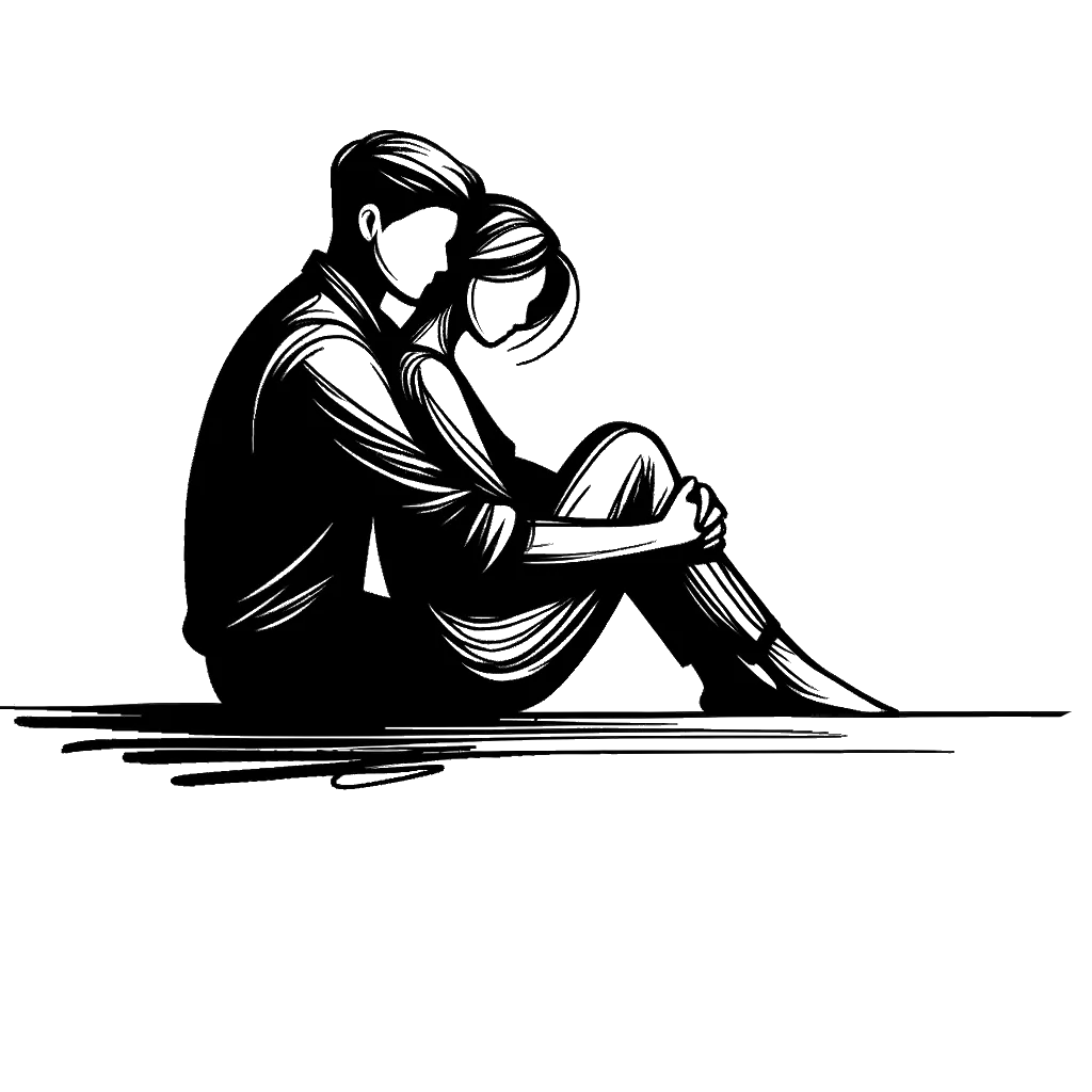 un dibujo de una pareja sentada uno al lado del otro en un saliente abrazándose representando el tema de Unión en blanco y negro.