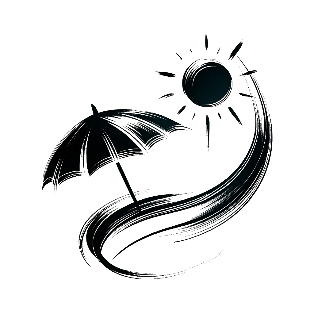 un dibujo de una sombrilla de playa y sol representando el tema de Vacaciones en blanco y negro.