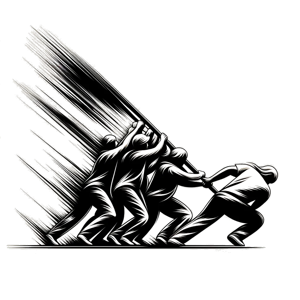 un dibujo de un grupo de personas derribando una estatua representando el tema de Vandalismo en blanco y negro.