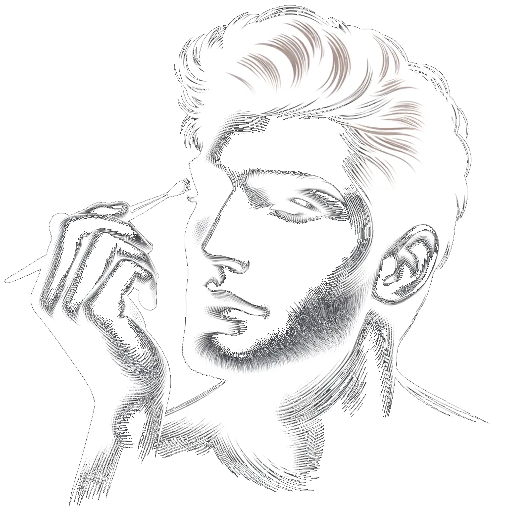 un dibujo de un hombre guapo cepillándose las cejas representando el tema de Vanidad en blanco y negro.