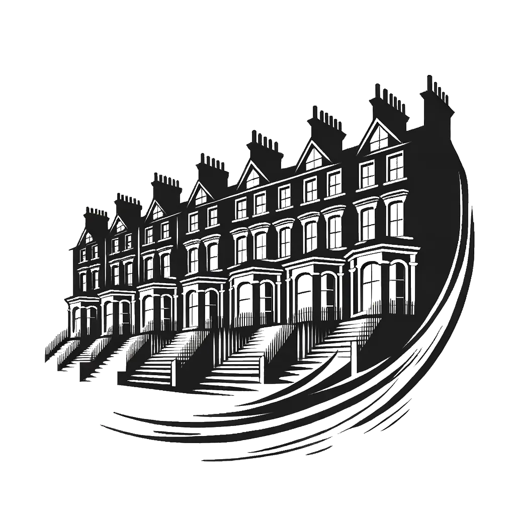 un dibujo de Casas adosadas de Londres representando el tema de Vecinos en blanco y negro.
