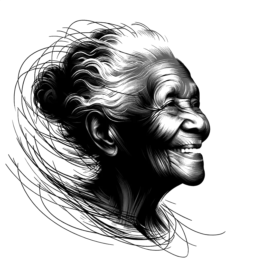 un dibujo de una anciana muy mayor sonriendo representando el tema de Vejez en blanco y negro.