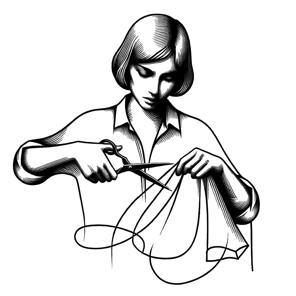 un dibujo de una mujer cortando furiosamente una camisa con tijeras representando el tema de Vendettas en blanco y negro.