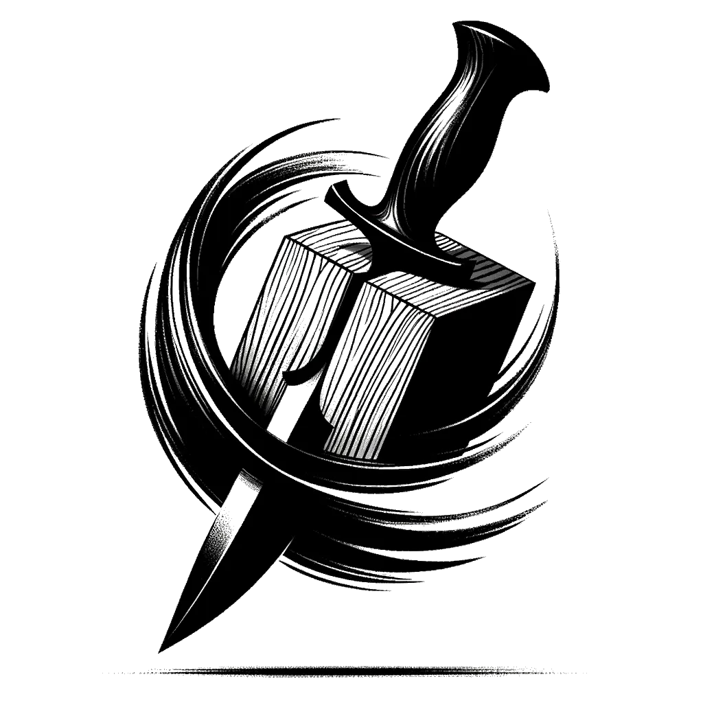 un dibujo de una daga clavada en un bloque de madera representando el tema de Venganza en blanco y negro.