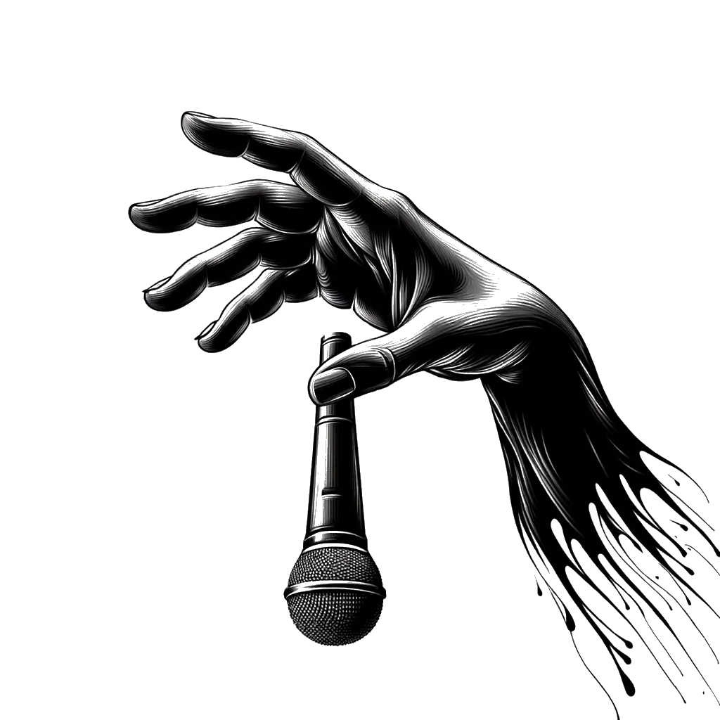 un dibujo de una mano abierta dejando caer un micrófono representando el tema de Verdad en blanco y negro.