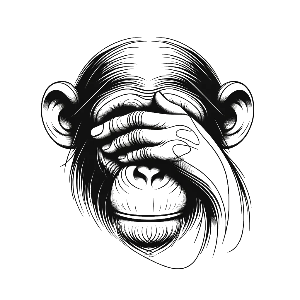 un dibujo de un chimpancé cubriéndose los ojos con aspecto malhumorado representando el tema de Verguenza en blanco y negro.