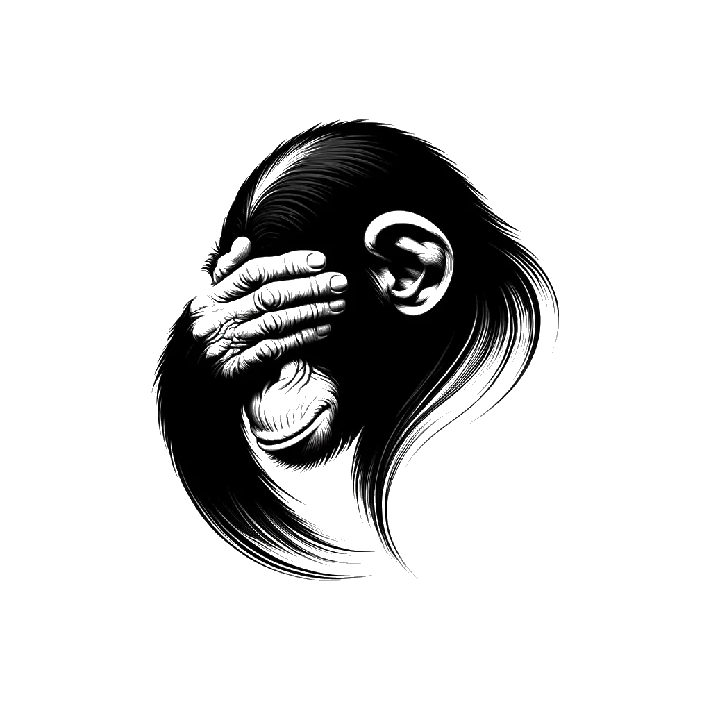 un dibujo de un chimpancé con la cara cubierta simbolizando vergüenza representando el tema de Vergüenza Personal en blanco y negro.