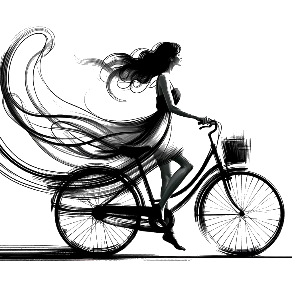 un dibujo de una mujer en bicicleta llevando un vestido de verano fluido representando el tema de Viajar en blanco y negro.