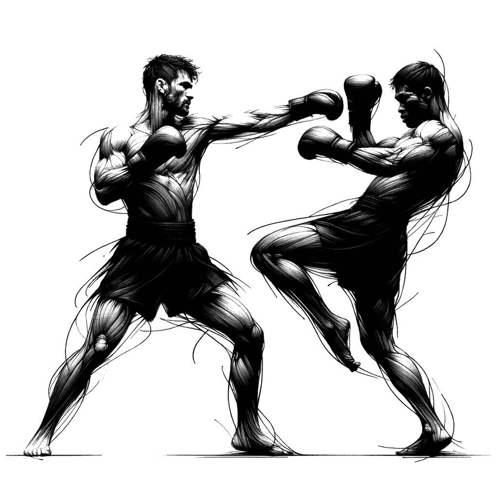 un dibujo de dos luchadores tailandeses masculinos peleando representando el tema de Violencia en blanco y negro.