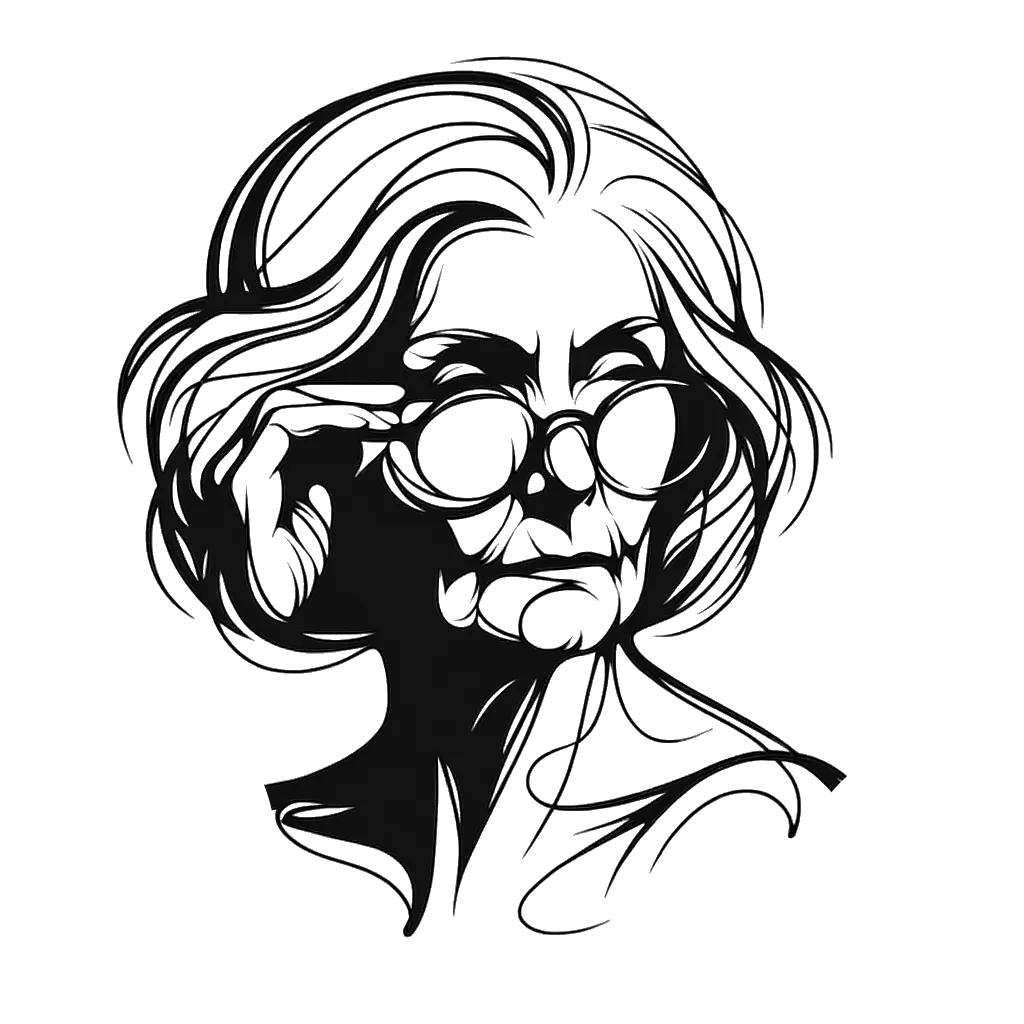 un dibujo de una anciana entrecerrando los ojos para ver a través de sus gafas representando el tema de Visión en blanco y negro.