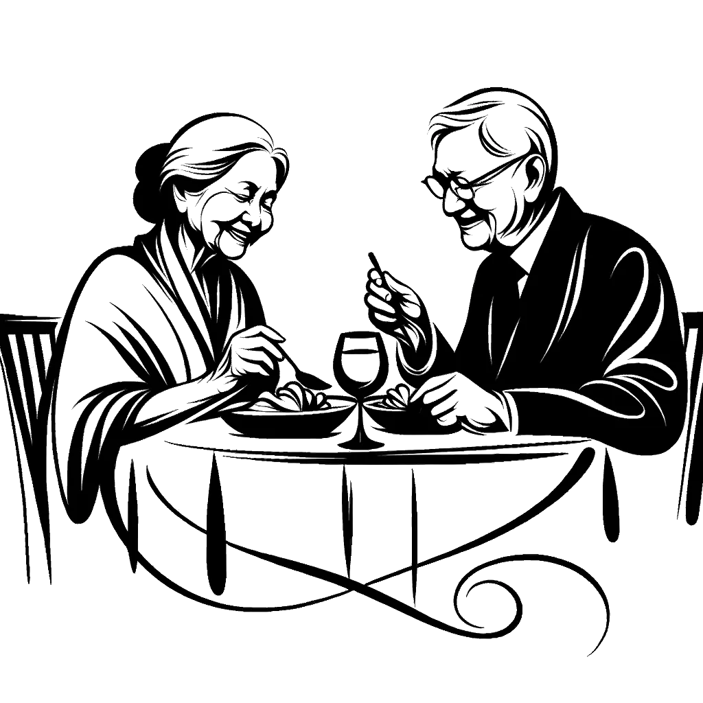 un dibujo de una pareja mayor feliz cenando juntos representando el tema de Viviendo en blanco y negro.
