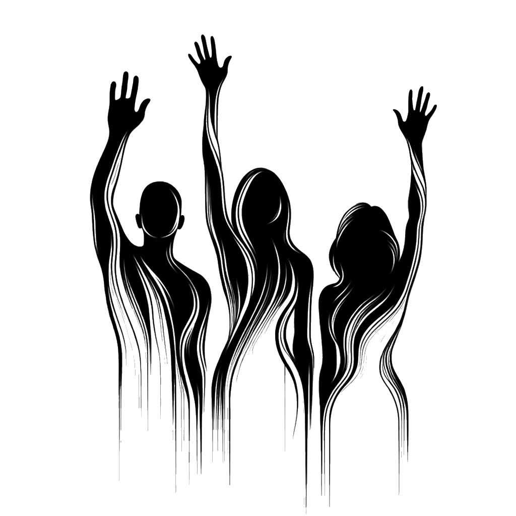 un dibujo de tres personas con las manos levantadas tan alto como puedan representando el tema de Voluntariado en blanco y negro.