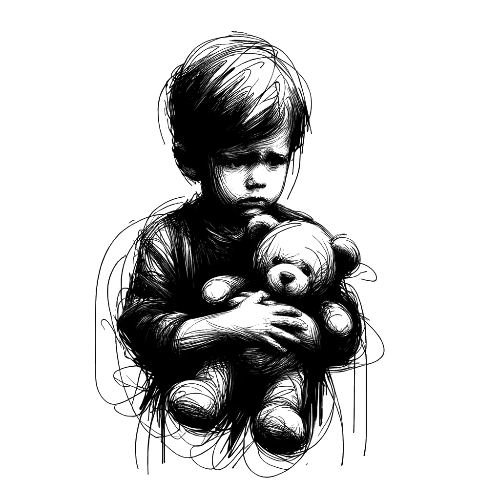 un dibujo de Un niño con aspecto perdido y asustado, con un osito de peluche. representando el tema de Vulnerabilidad en blanco y negro.